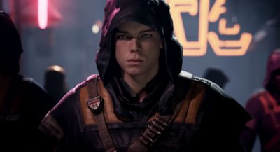 Captura de ecrã de STAR WARS Jedi: Fallen Order que mostra Cal Kestis com um visual com capuz