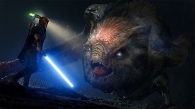 STAR WARS Jedi: Fallen Order screenshot showing Cal Kestis fighting a huge bat-like creature
