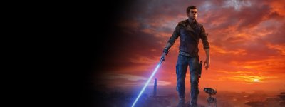Star Wars Jedi: Survivor – promokuva Cal Kestistä ja BD-1:stä värikkään auringonlaskun edessä