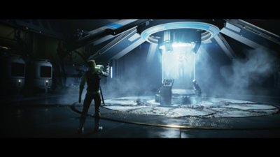 Star Wars Jedi: Survivor - captura de tela mostrando Cal Kestis olhando para uma entidade suspensa em um cilindro
