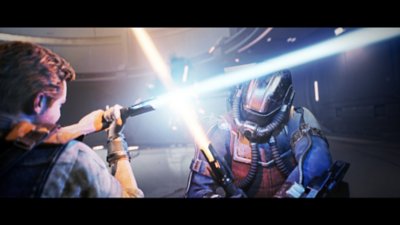 《星際大戰絕地：倖存者》螢幕截圖，顯示凱爾進行光劍戰鬥