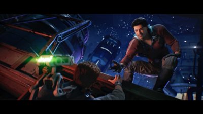 Star Wars Jedi: Survivor – kuvakaappaus Calista, jota toinen hahmo auttaa ylös kielekkeeltä