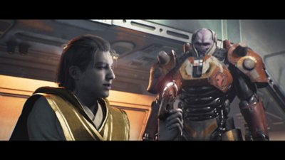 Star Wars Jedi: Survivor - captura de tela mostrando dois personagens conversando