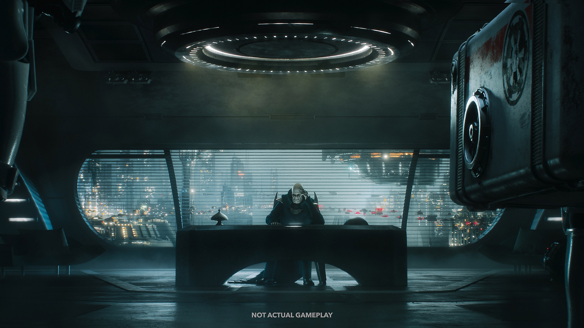 Star Wars Jedi: Survivor screenshot showing a character sitting at a desk in front of a large window