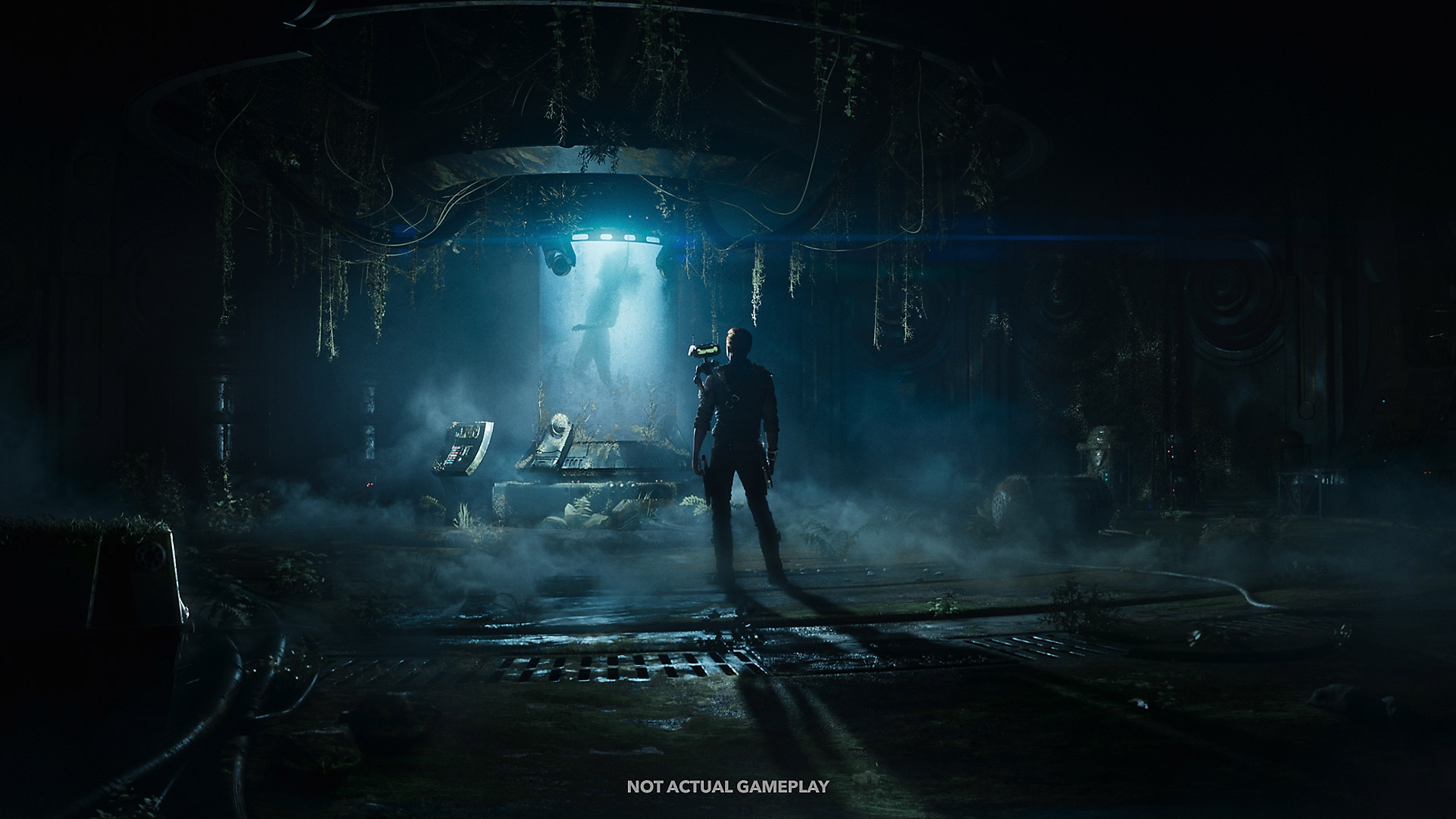 《星球大战 绝地：幸存者》截屏，显示卡尔·凯斯提斯注视管子中悬浮的人体