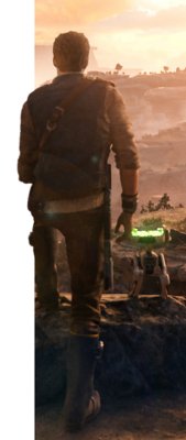 عمل فني للعبة Star Wars Jedi: Survivor يعرض شخصية Cal وهو ينظر إلى أرض لونها برتقالي