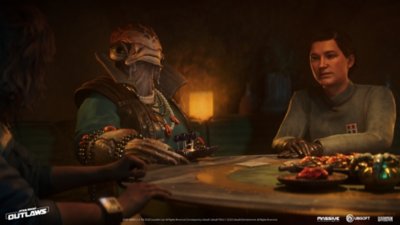 Star Wars Outlaws screenshot showing a gaming table with an alien at its helm