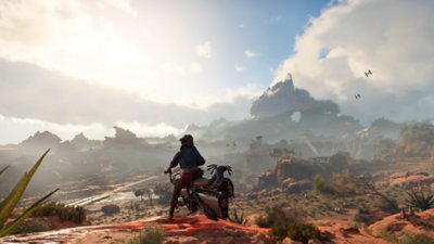 Star Wars Outlaws - captura de ecrã que mostra Kay numa moto speeder a olhar para uma paisagem semelhante a uma savana, com TIE Fighters no horizonte
