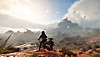 Star Wars Outlaws-screenshot van Kay op een speeder terwijl hij naar een savanne-achtig landschap kijkt, met TIE-fighters in de verte