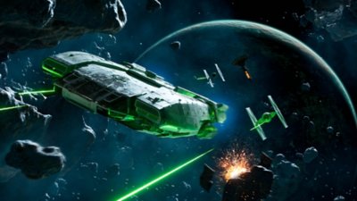 Star Wars Outlaws – snímka obrazovky zobrazujúca loď vo vesmíre so stíhačkami TIE Fighter.