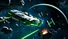《Star Wars Outlaws》截屏：太空中，一艘飞船与几架钛战机齐飞