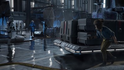 Star Wars Outlaws – snímka obrazovky ukazujúca Kay, ako sa schováva pred radom Stormtrooperov a ďalších nepriateľov z Impéria.