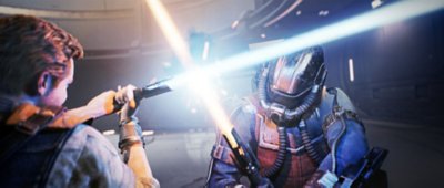 Star Wars Jedi: Survivor screenshot showing Cal Kestis locked in a lightsaber battle with an enemy