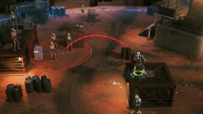Star Wars Zero Company – kuvakaappaus, jossa mandalorialaiselta vaikuttava hahmo valmistautuu heittämään räjähdettä kolmea taisteludroidia kohti.
