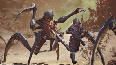 Starship Troopers: Extermination – Screenshot, auf dem ein Soldat vor einem Bug wegläuft