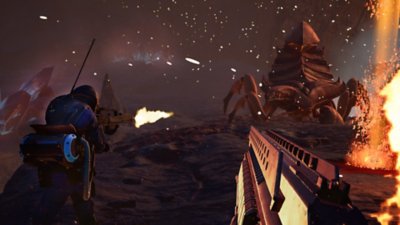 Starship Troopers: Extermination – Screenshot, auf dem ein Kampf aus der Ego-Perspektive gegen einen großen Bug zu sehen ist