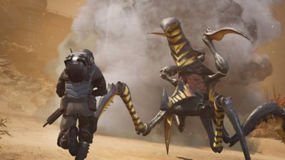 Captura de pantalla de Starship Troopers: Extermination que muestra a un soldado corriendo hacia un insecto