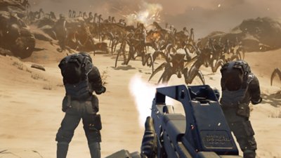 Snimak ekrana igre Starship Troopers: Extermination na kom je prikazana borba iz perspektive prvog lica