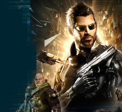 Umělecké ztvárnění postavy Adama Jensena ze hry Deus Ex: Mankind Divided s pistolí v ruce vedle klíčového protivníka 