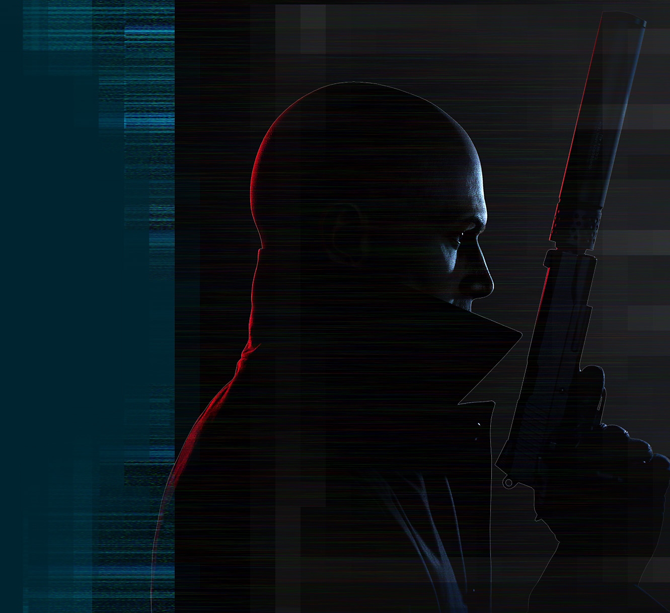 Artistic render of the character 'Agent 47' from Hitman 3 holding a silenced pistol