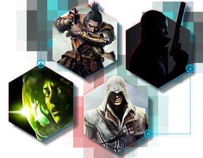 Propagační obrázky her s grafikou z titulů Sekiro: Shadows Die Twice, Hitman 3, Alien: Isolation and Assassin's Creed: The Ezio Collection.