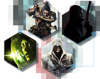 Propagačné obrázky hier s grafikou z titulov Sekiro: Shadows Die Twice, Hitman 3, Alien: Isolation a Assassin's Creed: The Ezio Collection.