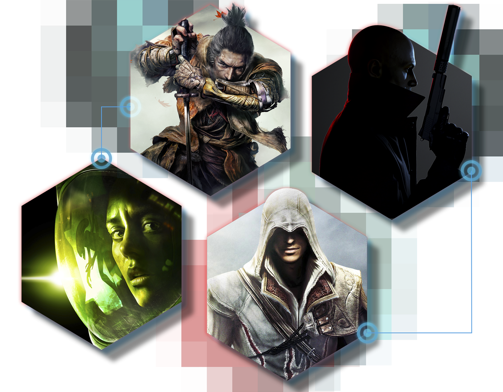 Sekiro의 아트워크가 포함된 잠입 게임 프로모션 이미지: Shadows Die Twice, Hitman 3, Alien: Isolation, Assassin's Creed: The Ezio Collection.