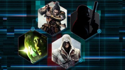 Best stealth games on PS4 and PS5 original promotional art featuring Sekiro: Shadows Die Twice, Hitman 3, Alien Isolation and Assassin's Creed: The Ezio Collection.