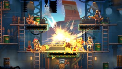 Snimak ekrana igre SteamWorld Heist II na kom je prikazano kako likovi stvaraju eksploziju koja nanosi štetu neprijatelju