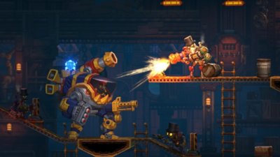 Skjermbilde fra SteamWorld Heist II som avbilder en spillkarakter som skyter mot fienden i en mek-drakt