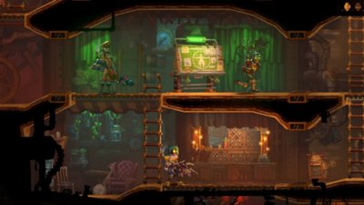 SteamWorld Heist II – Screenshot von Spielercharakteren in einem Wirtshaus