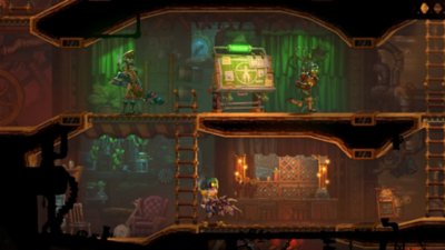 SteamWorld Heist II - Capture d'écran montrant les personnages joueurs à une auberge