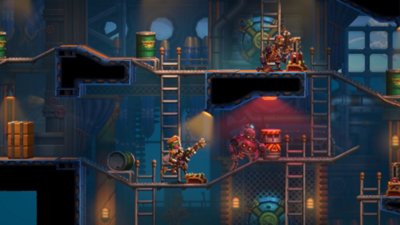 Captura de pantalla de SteamWorld Heist II que muestra a los miembros de la tripulación explorando una zona