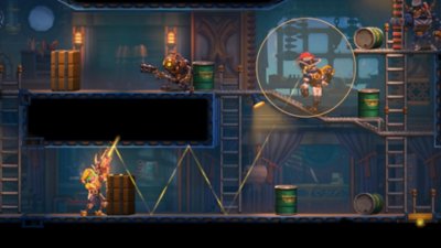 Snimak ekrana igre SteamWorld Heist II na kom je prikazano kako lik cilja oružjem tako da se hitac odbije od površina i pogodi neprijatelja