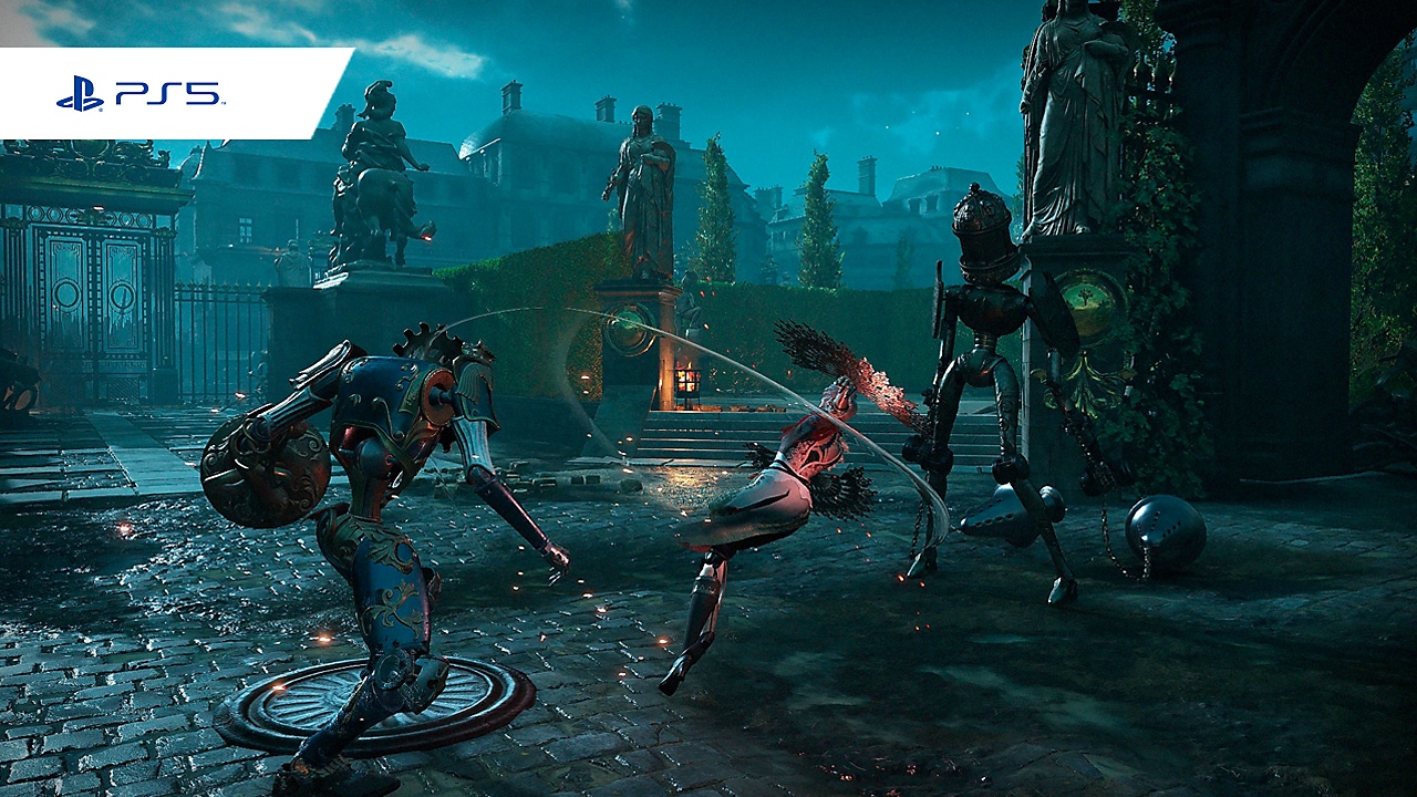 Steelrising - captura de tela de jogabilidade com três autômatos mecânicos lutando em uma cidade histórica.