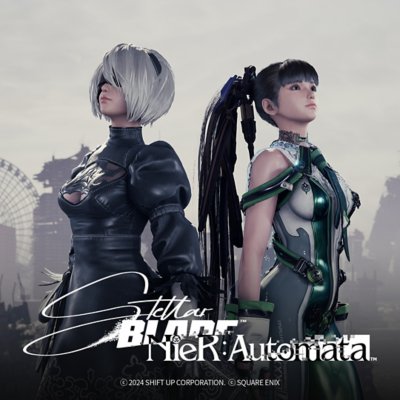 Stellar Blade x NieR Automata key art featuring characters 2B and EVE.