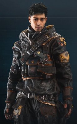 Character render of Adam in loose-fitting leather fatigues.