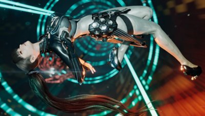Gameplay screenshot from Stellar Blade depicting Eve as she somersaults through the air.