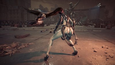 Gameplay screenshot from Stellar Blade depicting EVE facing off against a alien-looking creature.