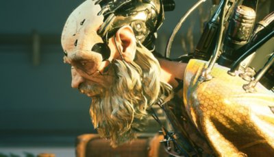 Gameplay screenshot from Stellar Blade depicting a cybernetic humanoid with a beard.