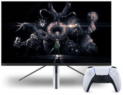 Stellar Blade Complete Edition key art displayed on a PC monitor accompanied by a DualSense wireless controller.