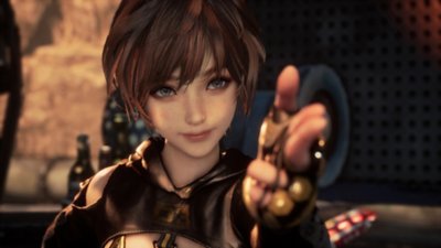 Gameplay screenshot from Stellar Blade depicting Lily pointing two fingers towards the camera.