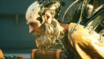Gameplay screenshot from Stellar Blade depicting a cybernetic humanoid with a beard.