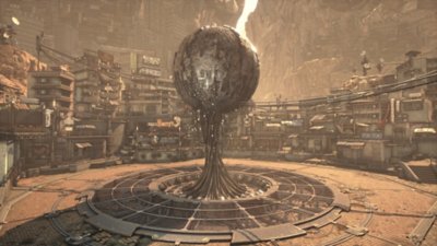 Gameplay screenshot from Stellar Blade depicting a built-up industrial community surrounding a circular plaza.