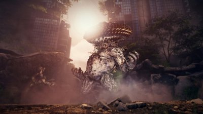 Gameplay screenshot from Stellar Blade depicting a huge monster with a saw-blade like head.