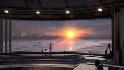 Gameplay screenshot from Stellar Blade depicting Eve as she watches the sun set over a large body of water.