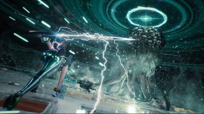Gameplay screenshot from Stellar Blade depicting Eve in combat with a large tentacled creature of many faces.