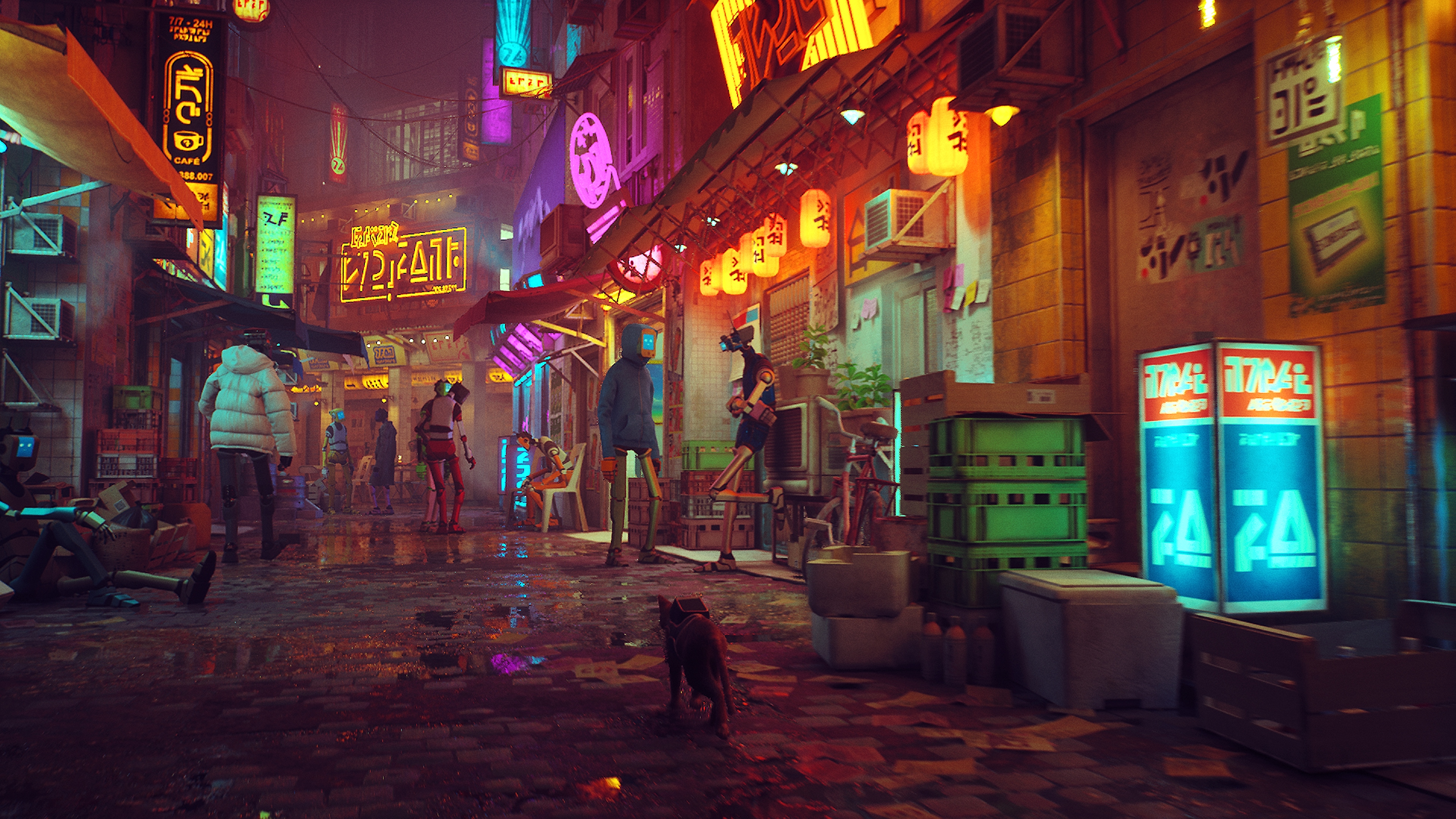 Snímka obrazovky z hry Stray zobrazujúca neónmi osvetlenú ulicu