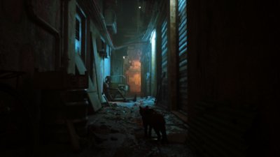 Captura de pantalla de Stray que muestra a un gato caminando por un callejón