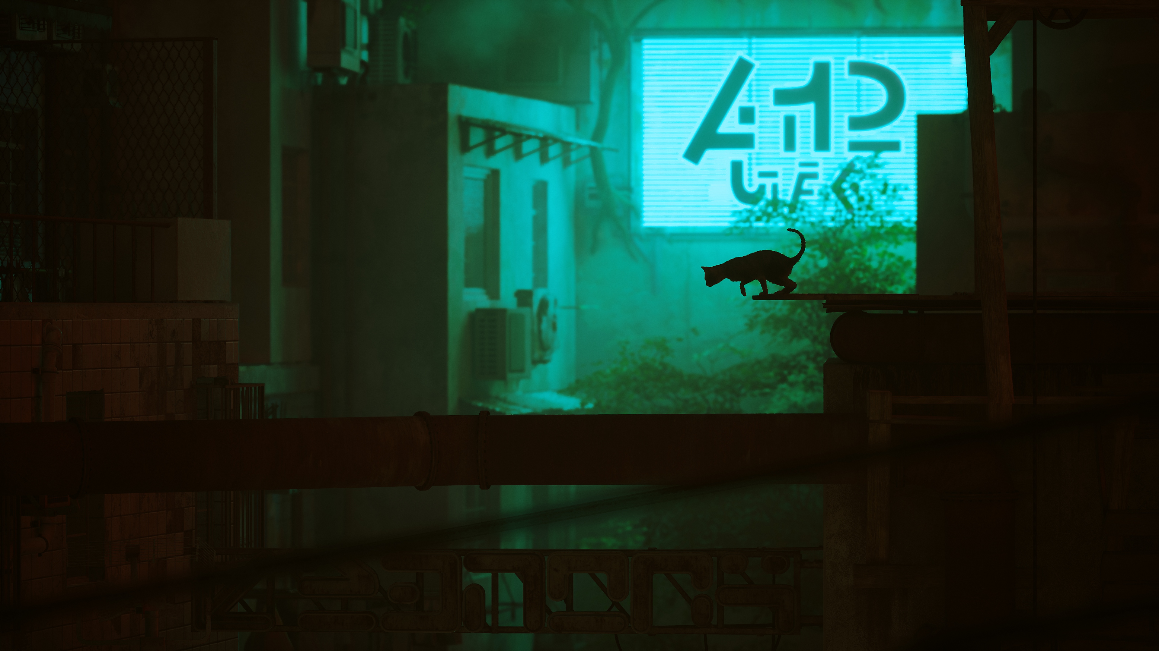 Snímka obrazovky z hry Stray zobrazujúca mačaciu hrdinku skákajúcu na rímsu